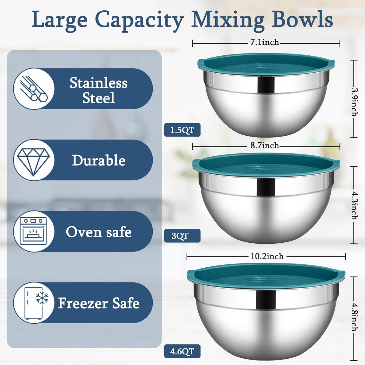 Mixing Bowls with Lids Set, 3 Packs Stainless Steel Metal Bowls
