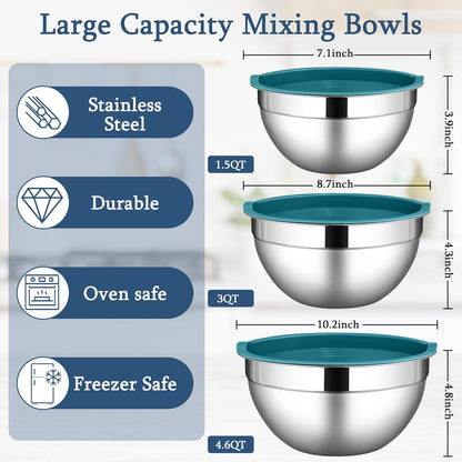 Mixing Bowls with Lids Set, 3 Packs Stainless Steel Metal Bowls