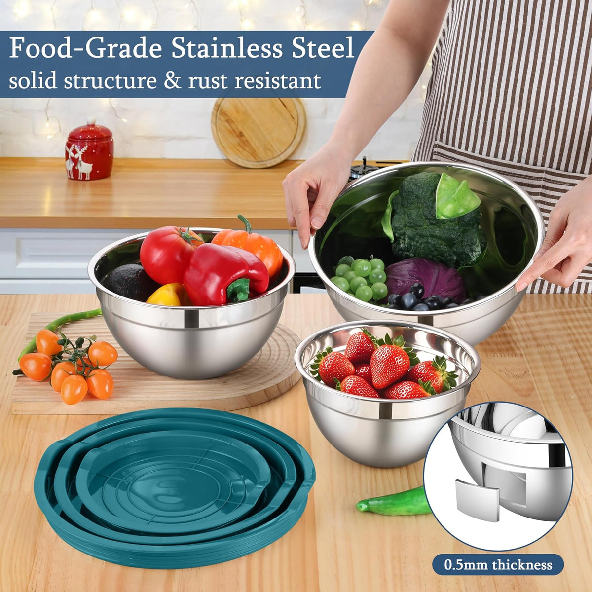 Mixing Bowls with Lids Set, 3 Packs Stainless Steel Metal Bowls