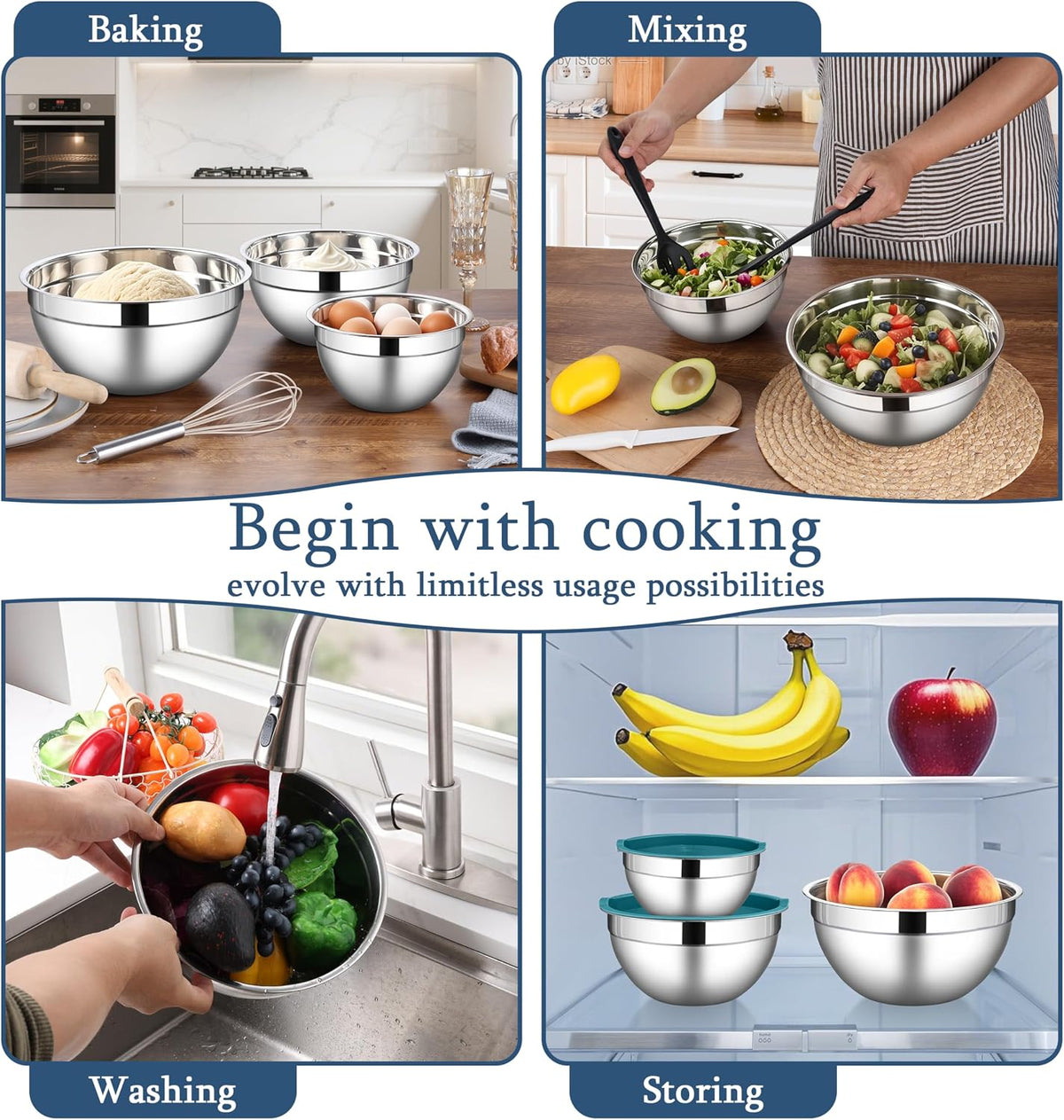 Mixing Bowls with Lids Set, 3 Packs Stainless Steel Metal Bowls