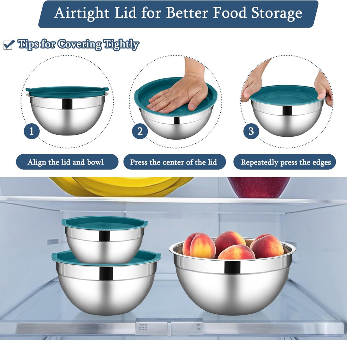 Mixing Bowls with Lids Set, 3 Packs Stainless Steel Metal Bowls