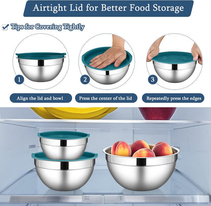Mixing Bowls with Lids Set, 3 Packs Stainless Steel Metal Bowls