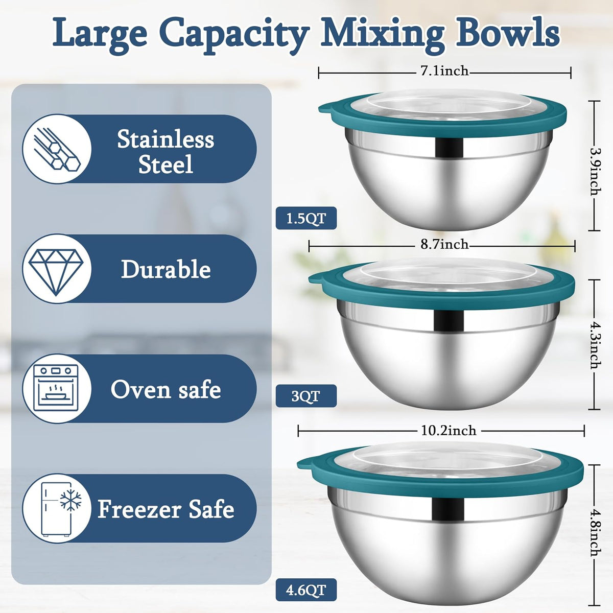 Mixing Bowls with Lids Set, 3 Packs Stainless Steel Metal Bowls