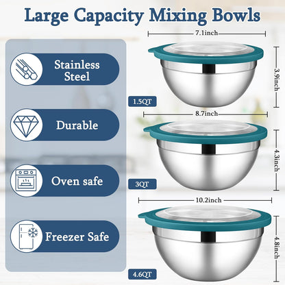 Mixing Bowls with Lids Set, 3 Packs Stainless Steel Metal Bowls