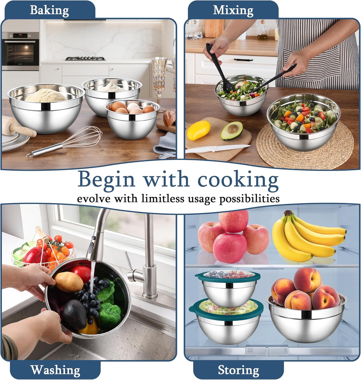 Mixing Bowls with Lids Set, 3 Packs Stainless Steel Metal Bowls