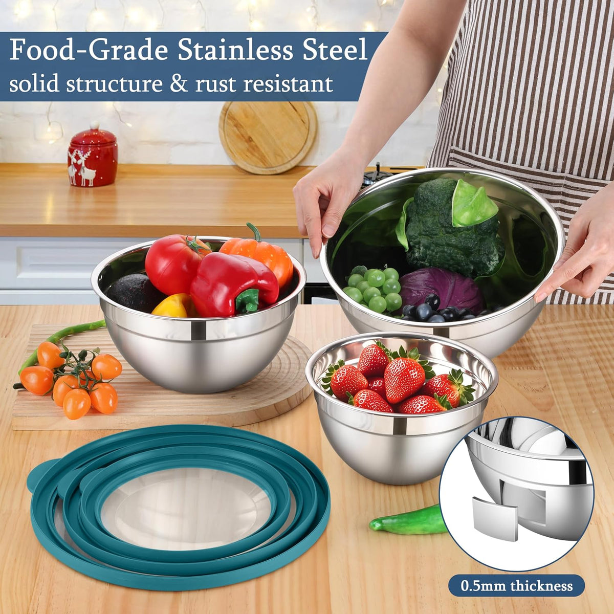 Mixing Bowls with Lids Set, 3 Packs Stainless Steel Metal Bowls