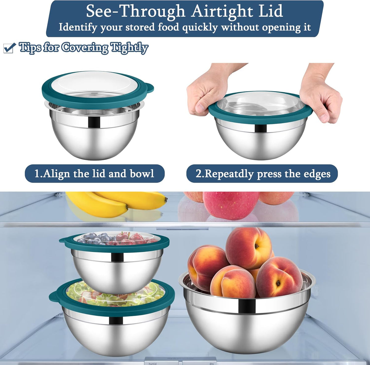 Mixing Bowls with Lids Set, 3 Packs Stainless Steel Metal Bowls