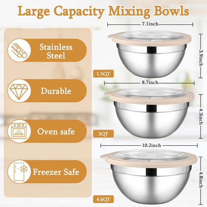 Mixing Bowls with Lids Set, 3 Packs Stainless Steel Metal Bowls