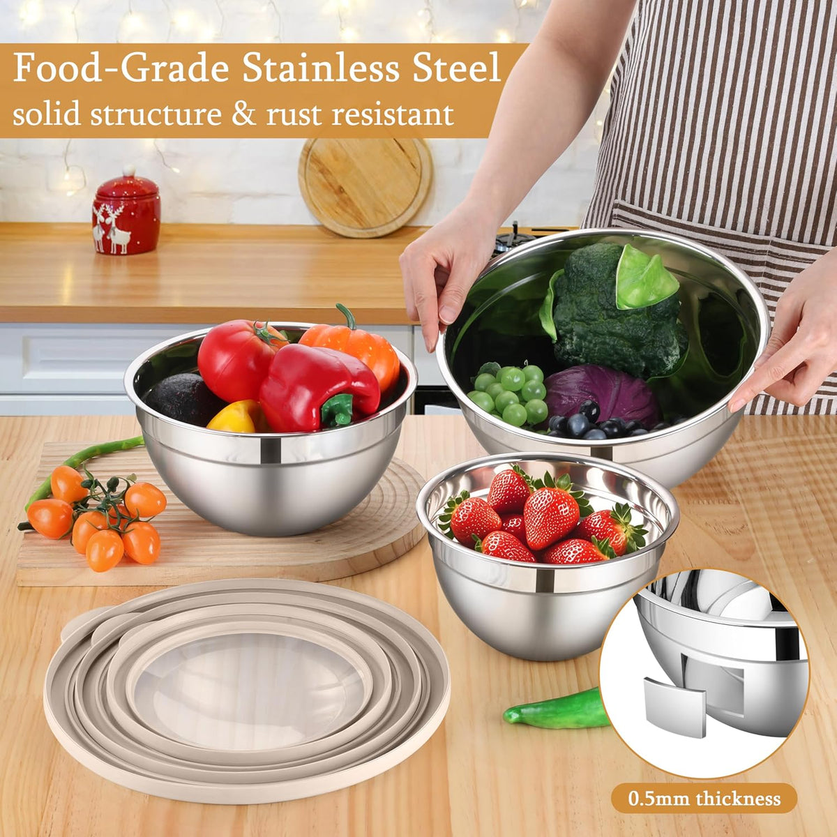 Mixing Bowls with Lids Set, 3 Packs Stainless Steel Metal Bowls