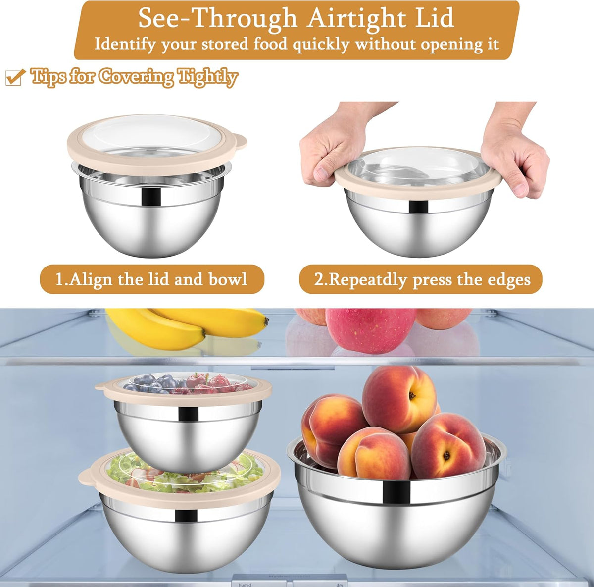 Mixing Bowls with Lids Set, 3 Packs Stainless Steel Metal Bowls