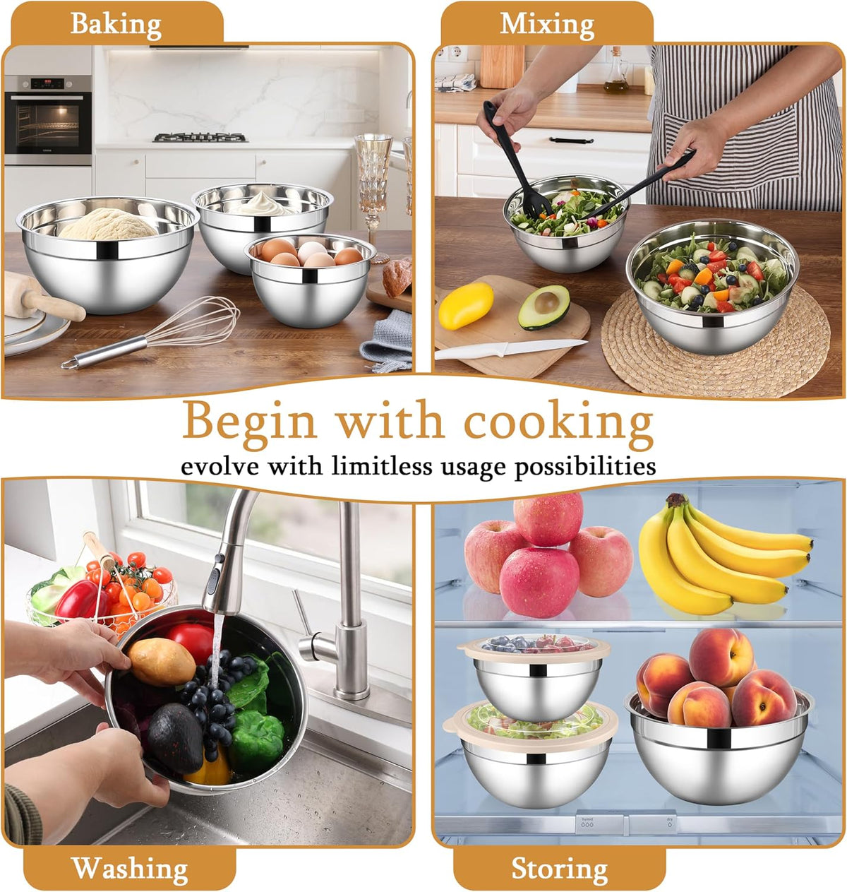 Mixing Bowls with Lids Set, 3 Packs Stainless Steel Metal Bowls