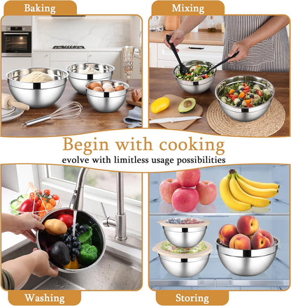 Mixing Bowls with Lids Set, 3 Packs Stainless Steel Metal Bowls
