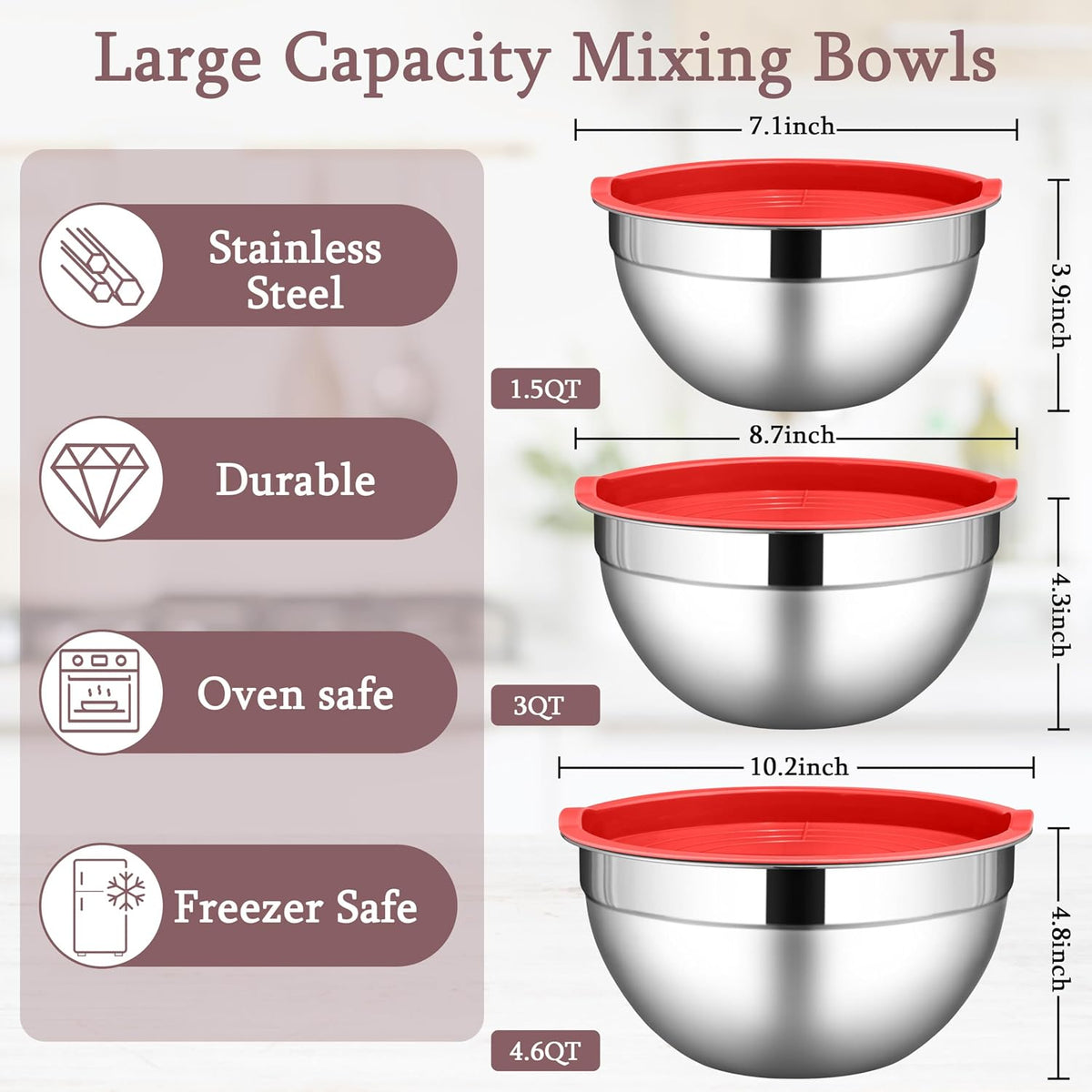Mixing Bowls with Lids Set, 3 Packs Stainless Steel Metal Bowls