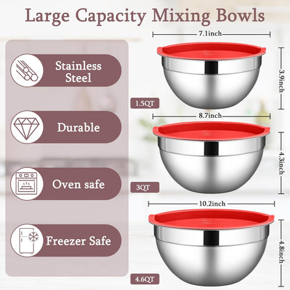 Mixing Bowls with Lids Set, 3 Packs Stainless Steel Metal Bowls