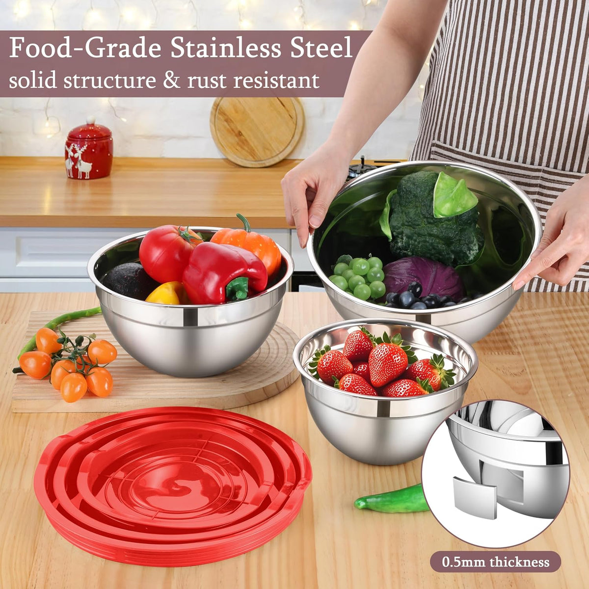 Mixing Bowls with Lids Set, 3 Packs Stainless Steel Metal Bowls