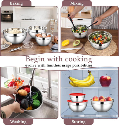 Mixing Bowls with Lids Set, 3 Packs Stainless Steel Metal Bowls