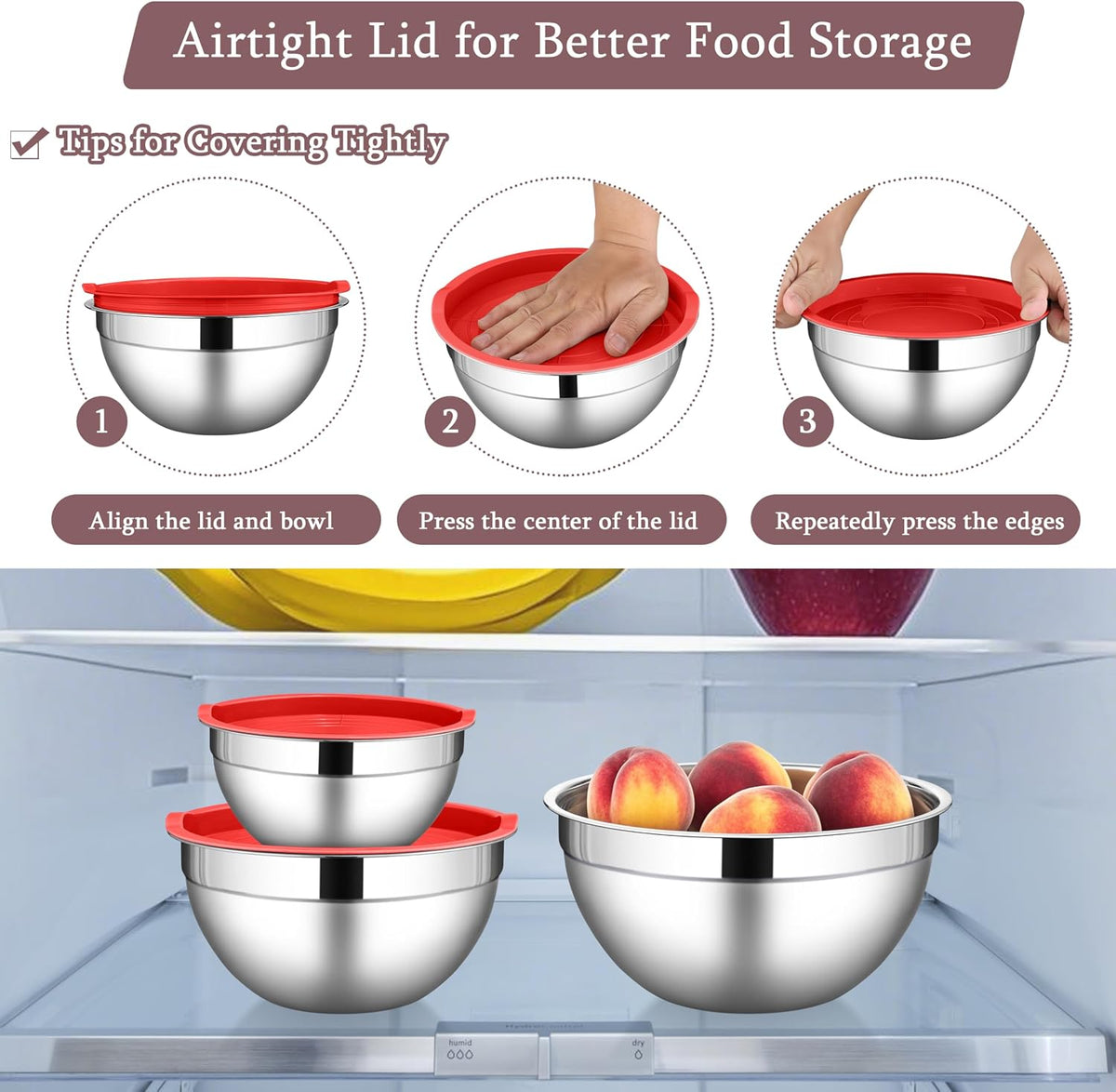 Mixing Bowls with Lids Set, 3 Packs Stainless Steel Metal Bowls