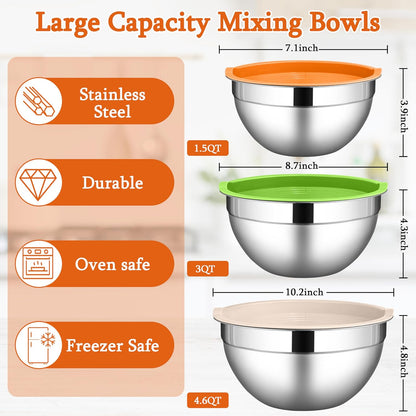 Mixing Bowls with Lids Set, 3 Packs Stainless Steel Metal Bowls