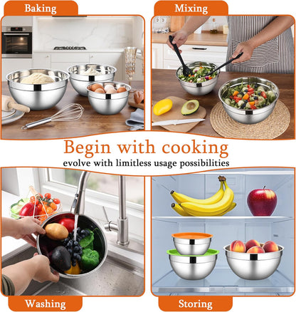 Mixing Bowls with Lids Set, 3 Packs Stainless Steel Metal Bowls