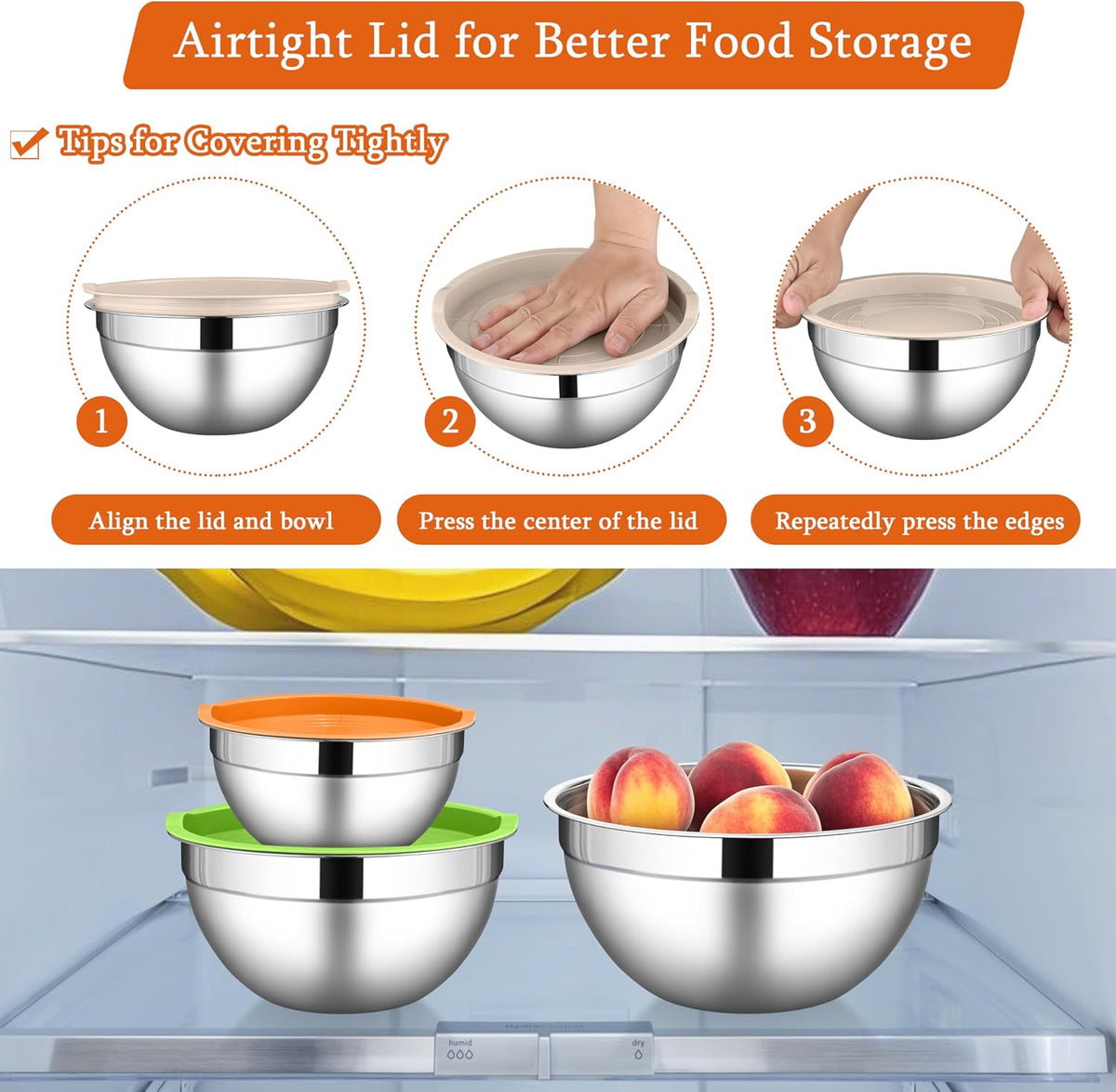 Mixing Bowls with Lids Set, 3 Packs Stainless Steel Metal Bowls