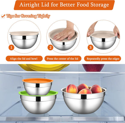 Mixing Bowls with Lids Set, 3 Packs Stainless Steel Metal Bowls