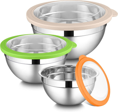 Mixing Bowls with Lids Set, 3 Packs Stainless Steel Metal Bowls