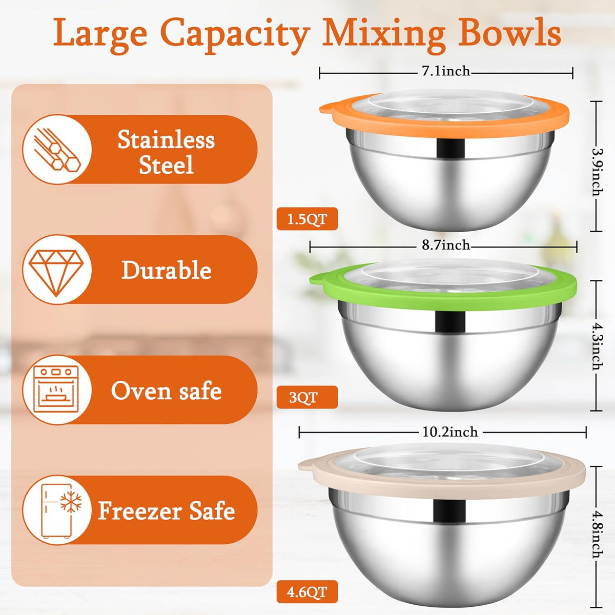 Mixing Bowls with Lids Set, 3 Packs Stainless Steel Metal Bowls