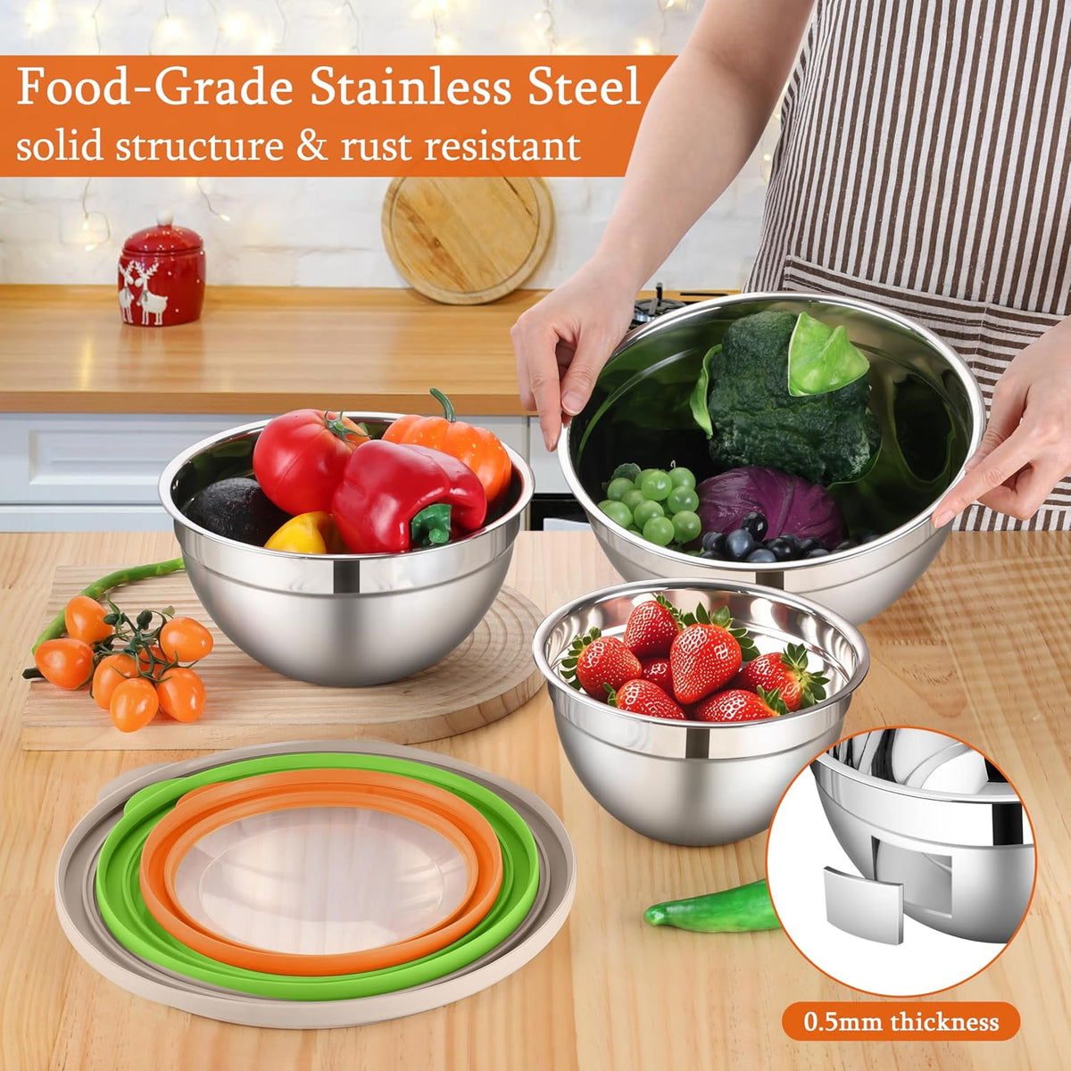 Mixing Bowls with Lids Set, 3 Packs Stainless Steel Metal Bowls