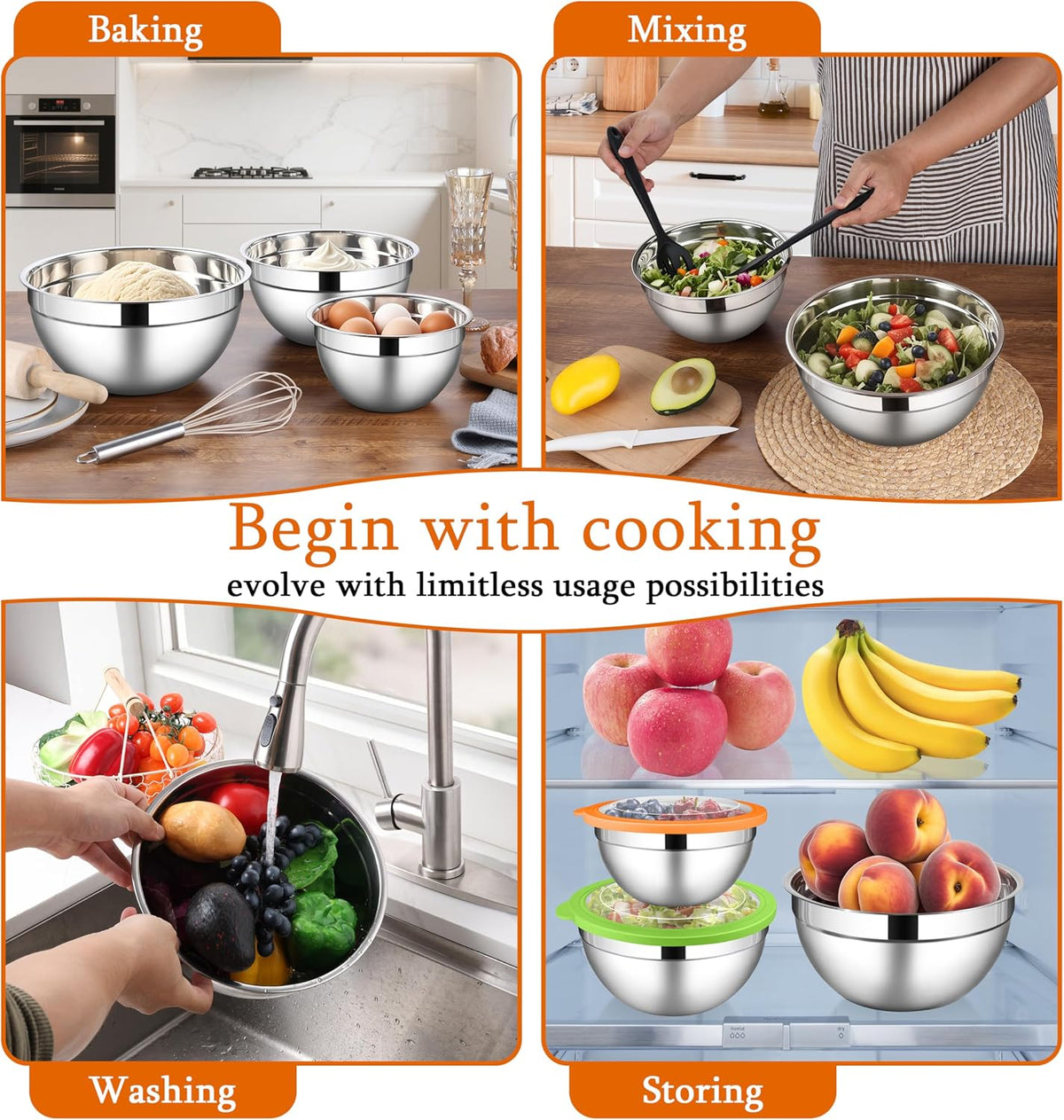 Mixing Bowls with Lids Set, 3 Packs Stainless Steel Metal Bowls