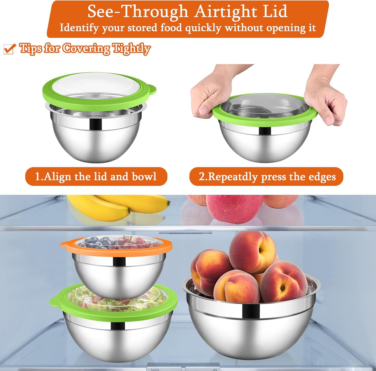 Mixing Bowls with Lids Set, 3 Packs Stainless Steel Metal Bowls