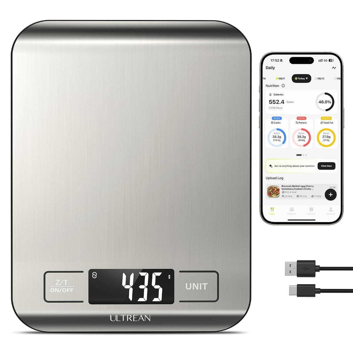 Smart Food Kitchen Scale with Nutritional Calculator, App for Macro & Calorie Tracking, AI Scan, Digital Grams and Ounces for Weight Loss, Rechargeable, Stainless Steel, 33lb /15kg