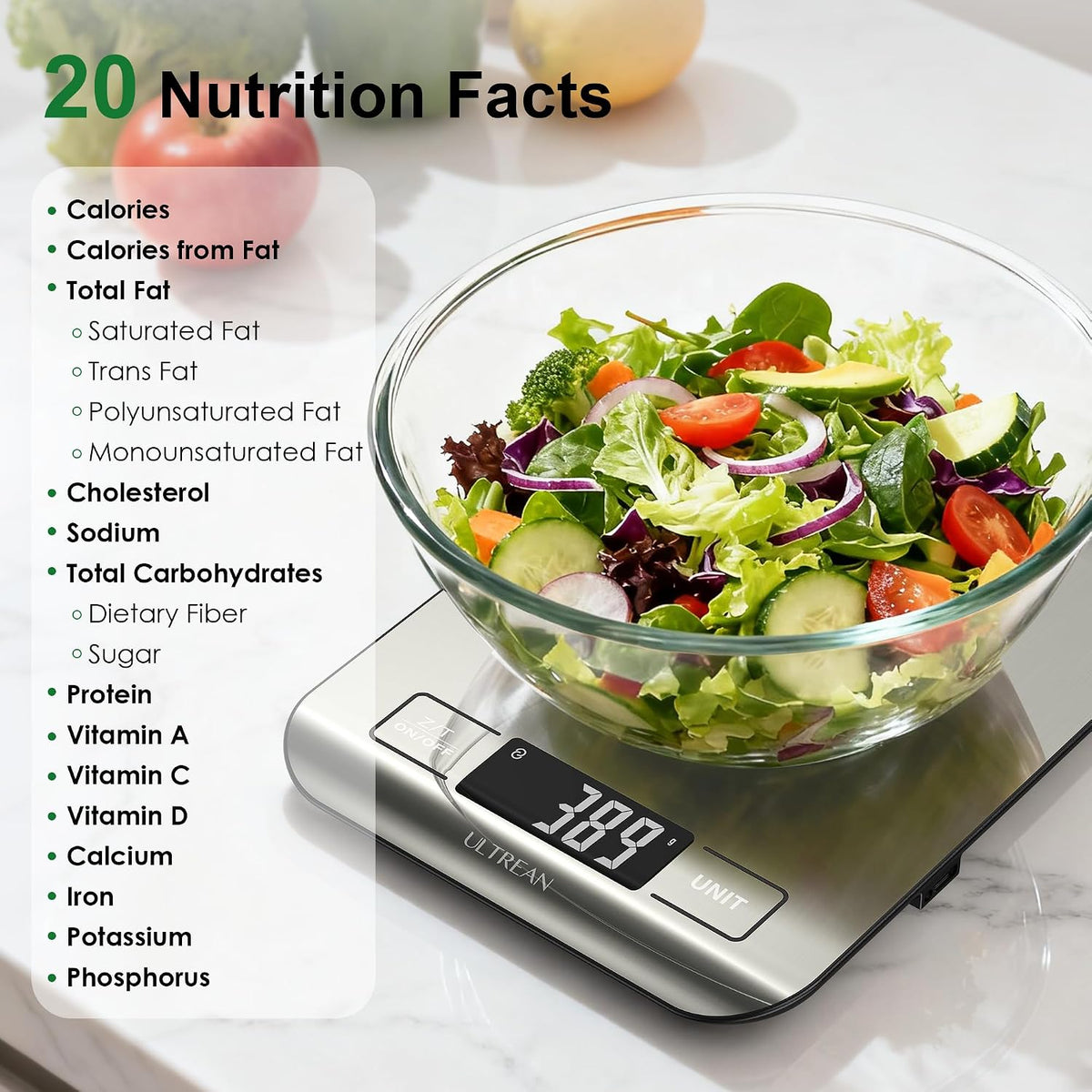 Smart Food Kitchen Scale with Nutritional Calculator, App for Macro & Calorie Tracking, AI Scan, Digital Grams and Ounces for Weight Loss, Rechargeable, Stainless Steel, 33lb /15kg