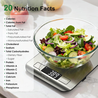 Smart Food Kitchen Scale with Nutritional Calculator, App for Macro & Calorie Tracking, AI Scan, Digital Grams and Ounces for Weight Loss, Rechargeable, Stainless Steel, 33lb /15kg