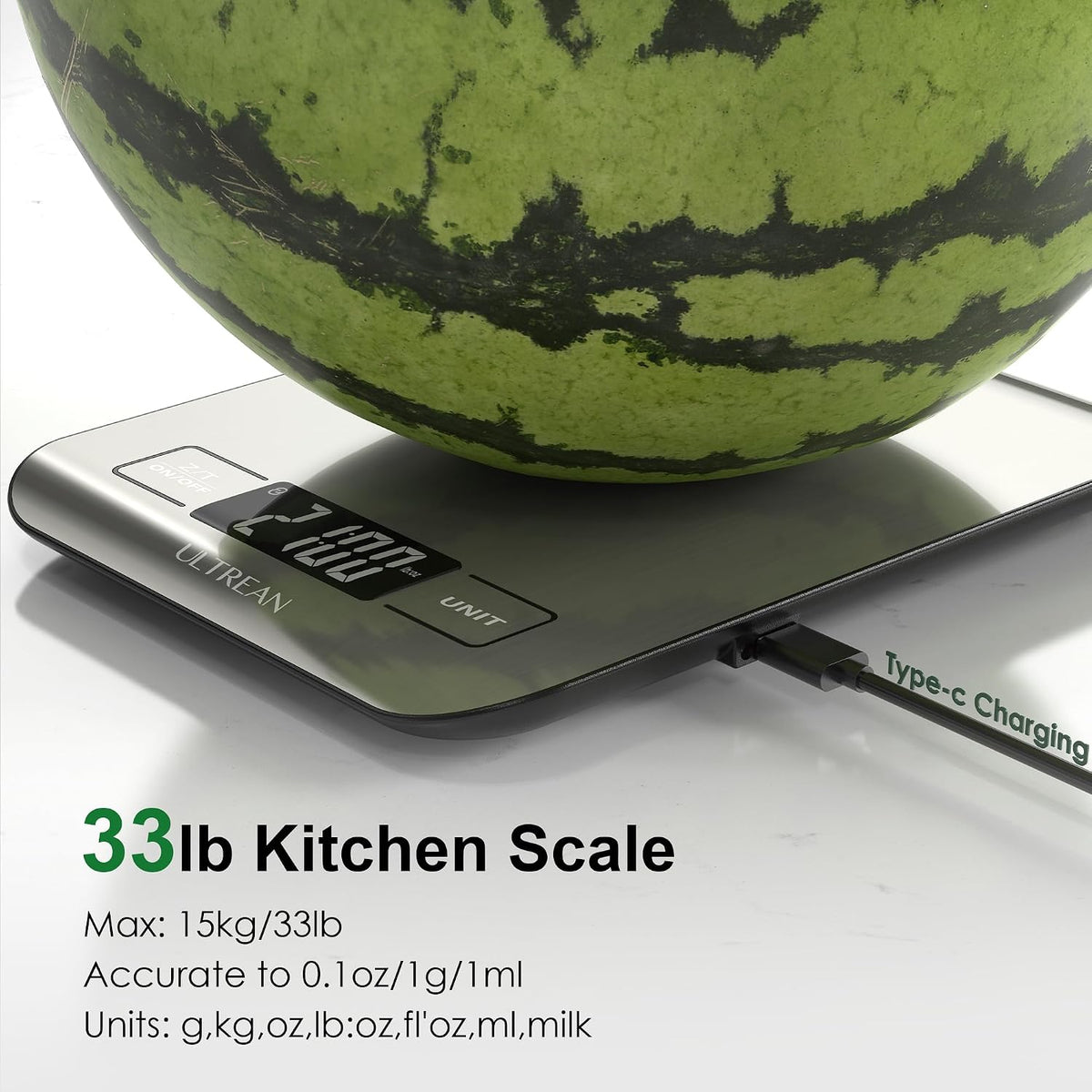 Smart Food Kitchen Scale with Nutritional Calculator, App for Macro & Calorie Tracking, AI Scan, Digital Grams and Ounces for Weight Loss, Rechargeable, Stainless Steel, 33lb /15kg