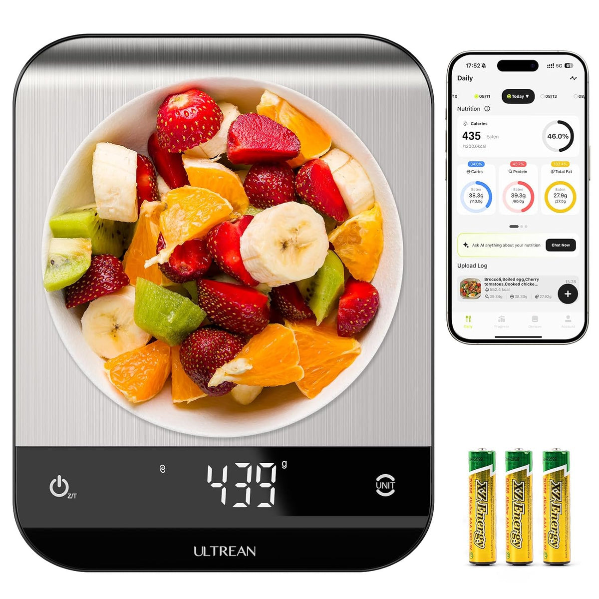 Smart Food Kitchen Scale with Nutritional Calculator, App for Macro & Calorie Tracking, AI Scan, Digital Grams and Ounces for Weight Loss, Rechargeable, Stainless Steel, 33lb /15kg