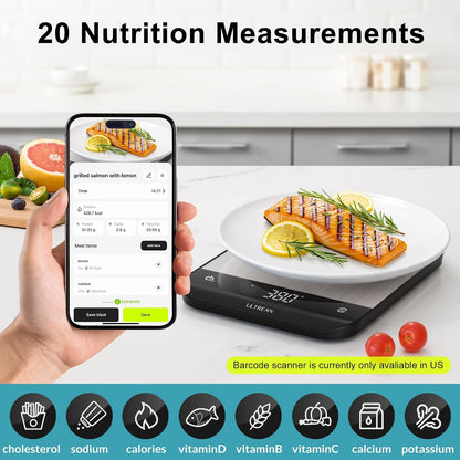 Smart Food Kitchen Scale with Nutritional Calculator, App for Macro & Calorie Tracking, AI Scan, Digital Grams and Ounces for Weight Loss, Rechargeable, Stainless Steel, 33lb /15kg