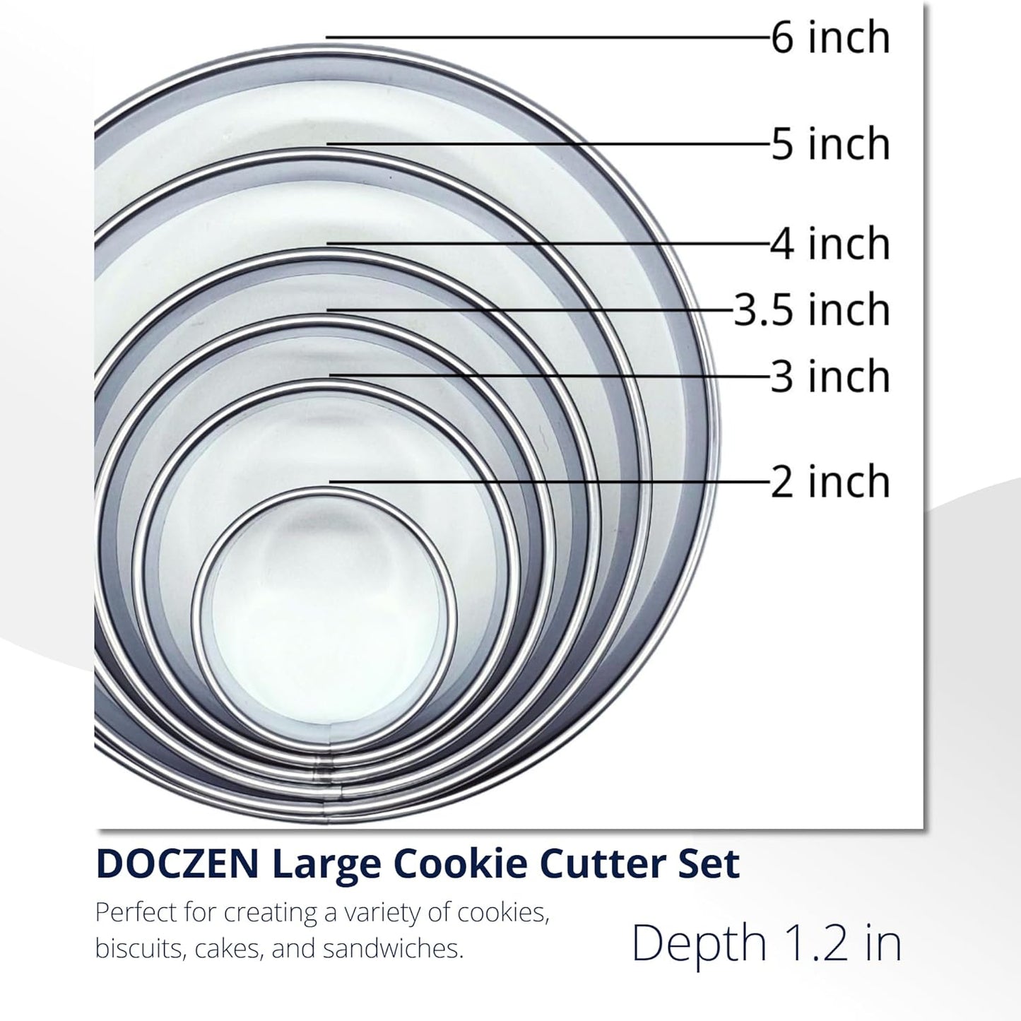 Doczen Large Round Cookie Cutter 6 PCS (2, 3, 3.5, 4, 5, 6 Inch) Set, 6-Piece Stainless Steel Biscuit Cutters, Heavy Duty Metal Ring Mold for Burger Press & Meat Shaping, Tortilla Crust