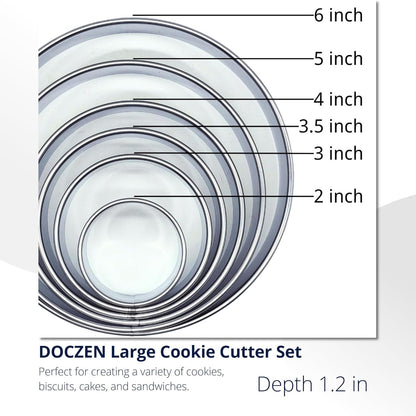 Doczen Large Round Cookie Cutter 6 PCS (2, 3, 3.5, 4, 5, 6 Inch) Set, 6-Piece Stainless Steel Biscuit Cutters, Heavy Duty Metal Ring Mold for Burger Press & Meat Shaping, Tortilla Crust