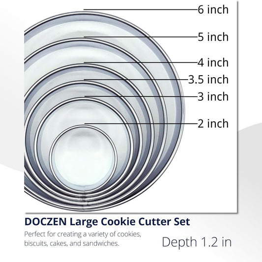 Doczen Large Round Cookie Cutter 6 PCS (2, 3, 3.5, 4, 5, 6 Inch) Set, 6-Piece Stainless Steel Biscuit Cutters, Heavy Duty Metal Ring Mold for Burger Press & Meat Shaping, Tortilla Crust