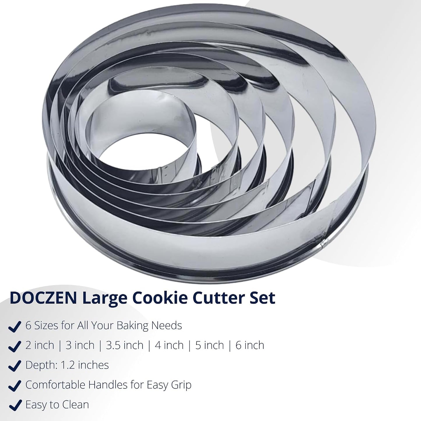 Doczen Large Round Cookie Cutter 6 PCS (2, 3, 3.5, 4, 5, 6 Inch) Set, 6-Piece Stainless Steel Biscuit Cutters, Heavy Duty Metal Ring Mold for Burger Press & Meat Shaping, Tortilla Crust