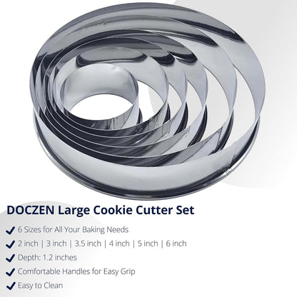 Doczen Large Round Cookie Cutter 6 PCS (2, 3, 3.5, 4, 5, 6 Inch) Set, 6-Piece Stainless Steel Biscuit Cutters, Heavy Duty Metal Ring Mold for Burger Press & Meat Shaping, Tortilla Crust