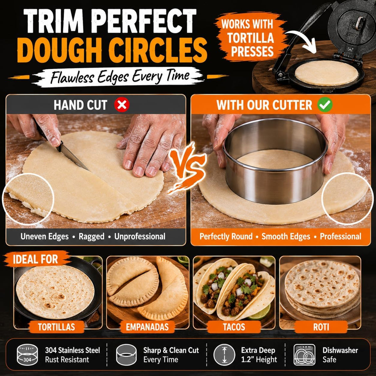Doczen Large Round Cookie Cutter 6 PCS (2, 3, 3.5, 4, 5, 6 Inch) Set, 6-Piece Stainless Steel Biscuit Cutters, Heavy Duty Metal Ring Mold for Burger Press & Meat Shaping, Tortilla Crust