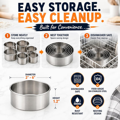 Doczen Large Round Cookie Cutter 6 PCS (2, 3, 3.5, 4, 5, 6 Inch) Set, 6-Piece Stainless Steel Biscuit Cutters, Heavy Duty Metal Ring Mold for Burger Press & Meat Shaping, Tortilla Crust