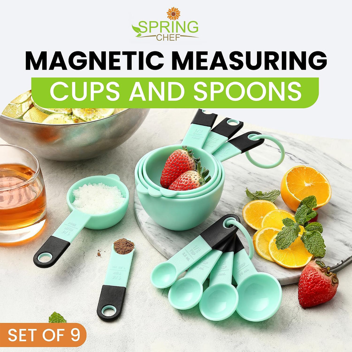 Magnetic Measuring Cups and Spoons Set of 9 - Mint