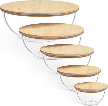 5 Pack Glass Mixing Bowls with Bamboo Lids, Nesting Set