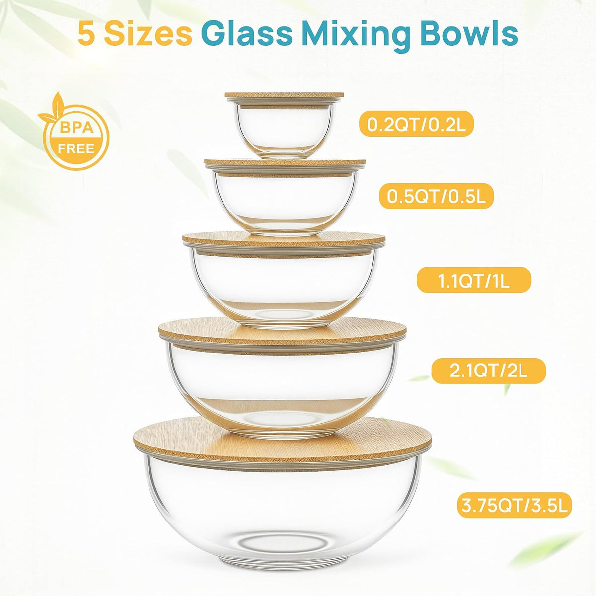 5 Pack Glass Mixing Bowls with Bamboo Lids, Nesting Set