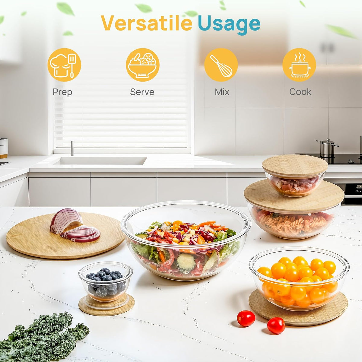 5 Pack Glass Mixing Bowls with Bamboo Lids, Nesting Set