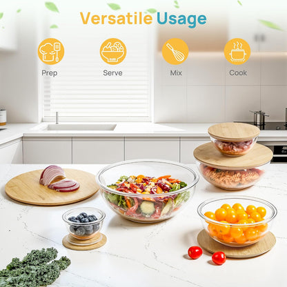 5 Pack Glass Mixing Bowls with Bamboo Lids, Nesting Set