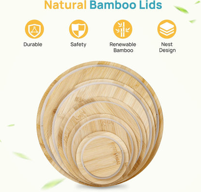 5 Pack Glass Mixing Bowls with Bamboo Lids, Nesting Set