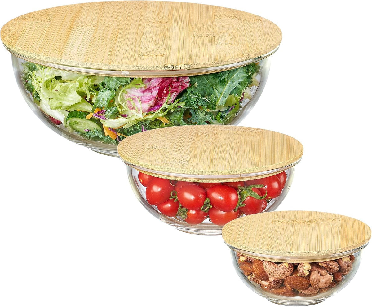 5 Pack Glass Mixing Bowls with Bamboo Lids, Nesting Set